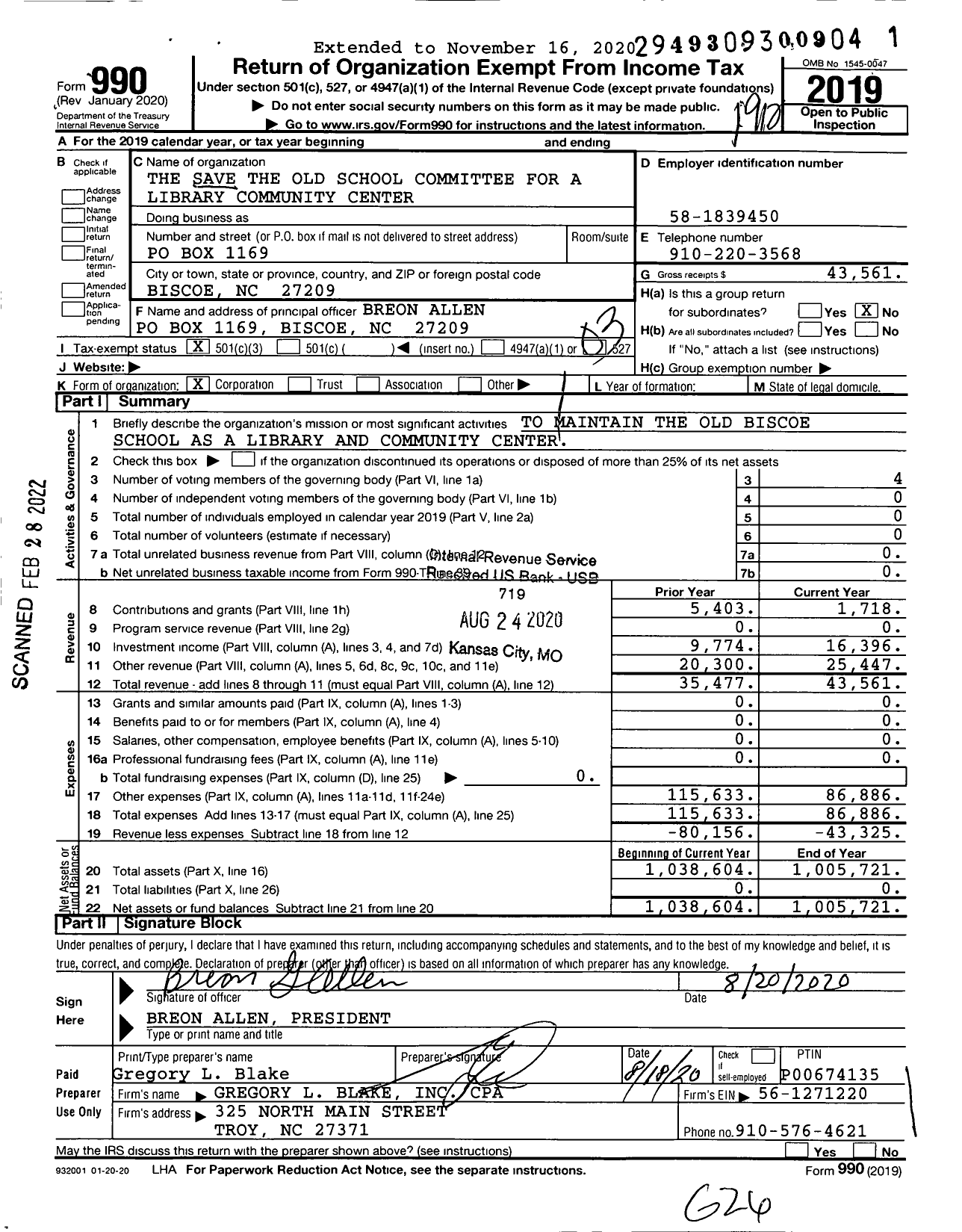 Image of first page of 2019 Form 990 for The Save the Old School Committee for A Library Community Center