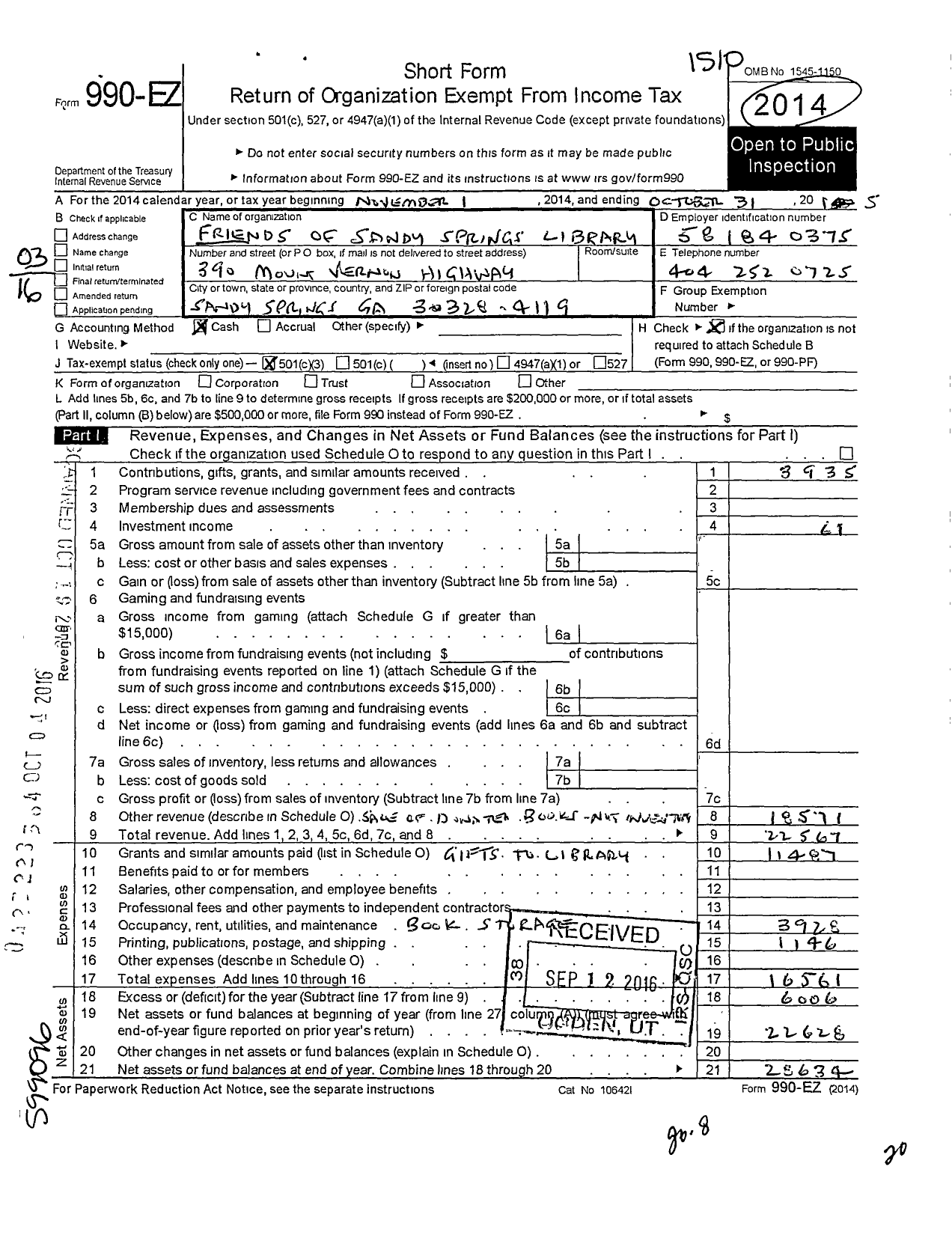 Image of first page of 2014 Form 990EZ for Friends of Sandy Springs Library