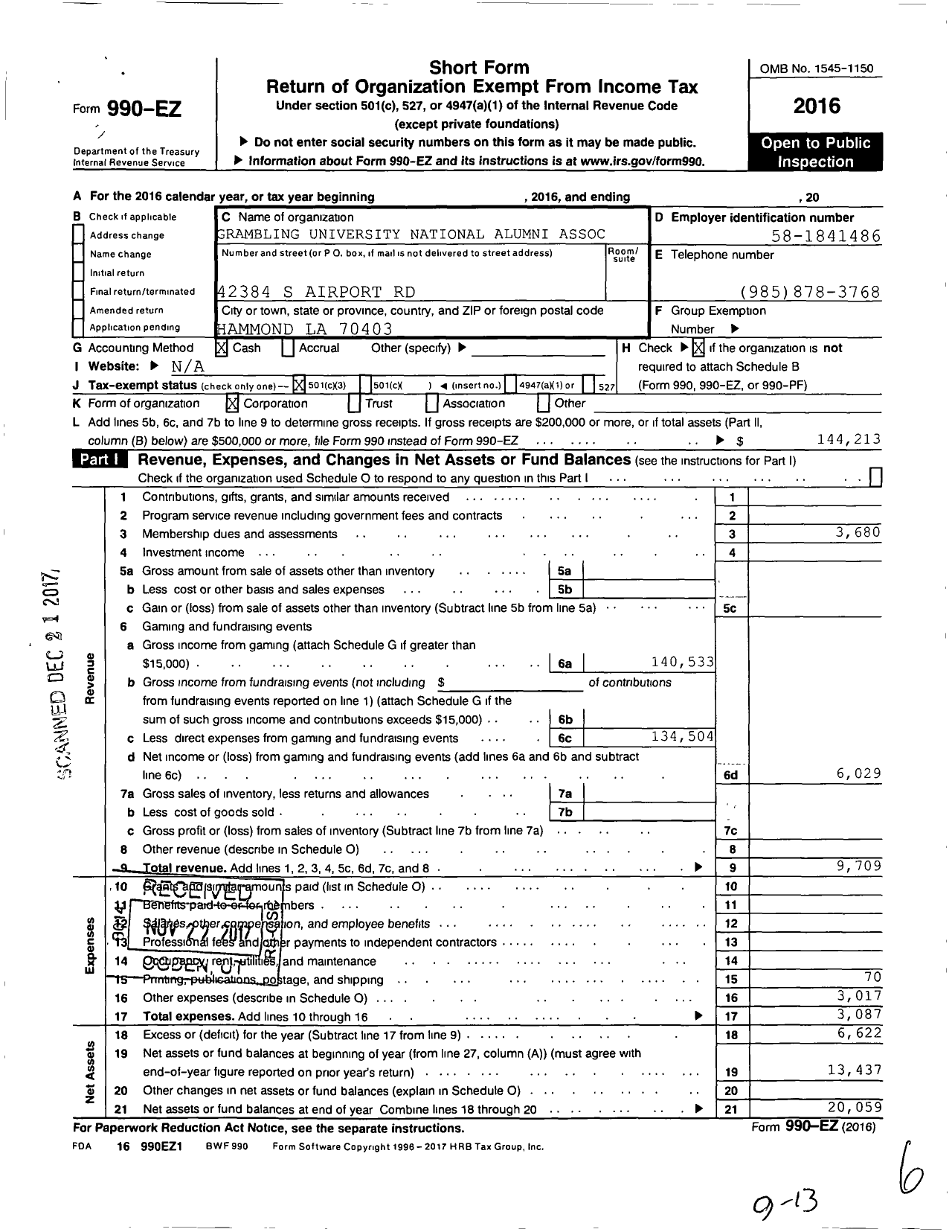 Image of first page of 2016 Form 990EZ for Grambling University National Alumni Association / Martha Adams Chapter