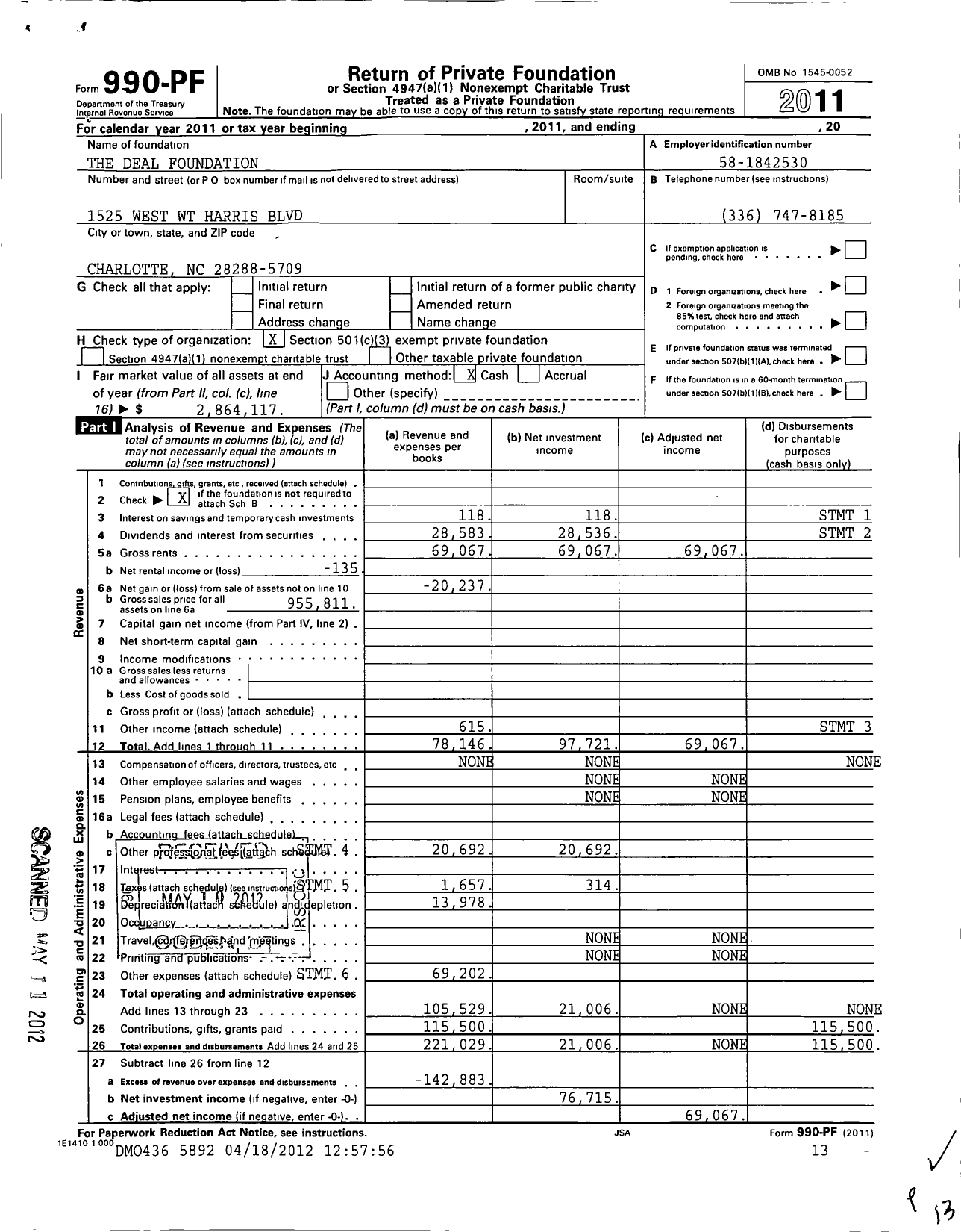Image of first page of 2011 Form 990PF for Deal Foundation