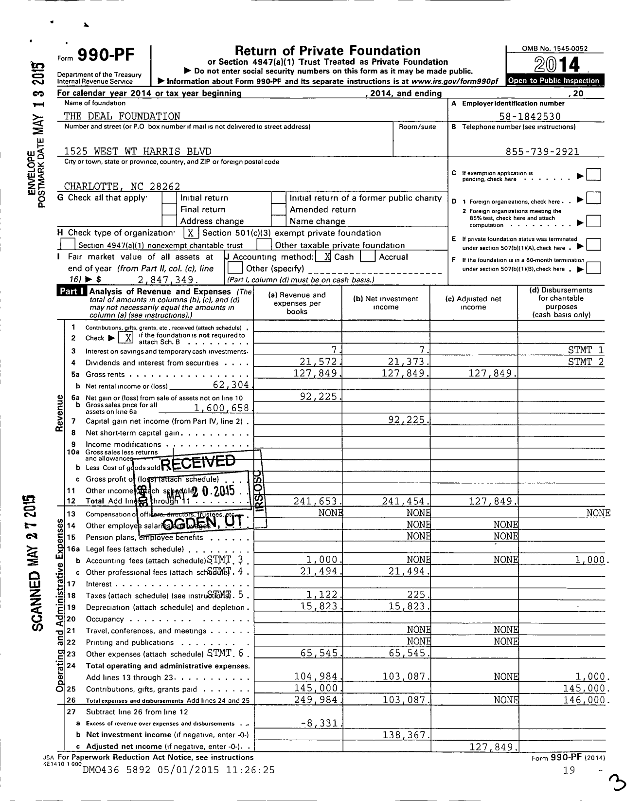 Image of first page of 2014 Form 990PF for Deal Foundation