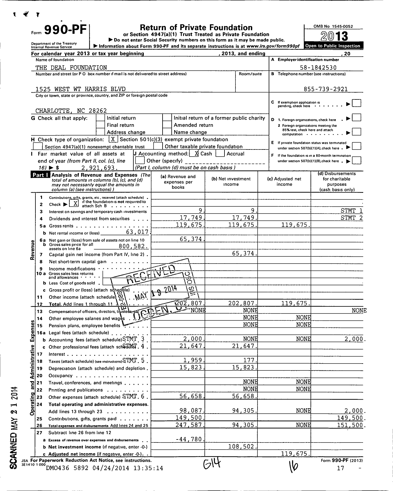 Image of first page of 2013 Form 990PF for Deal Foundation