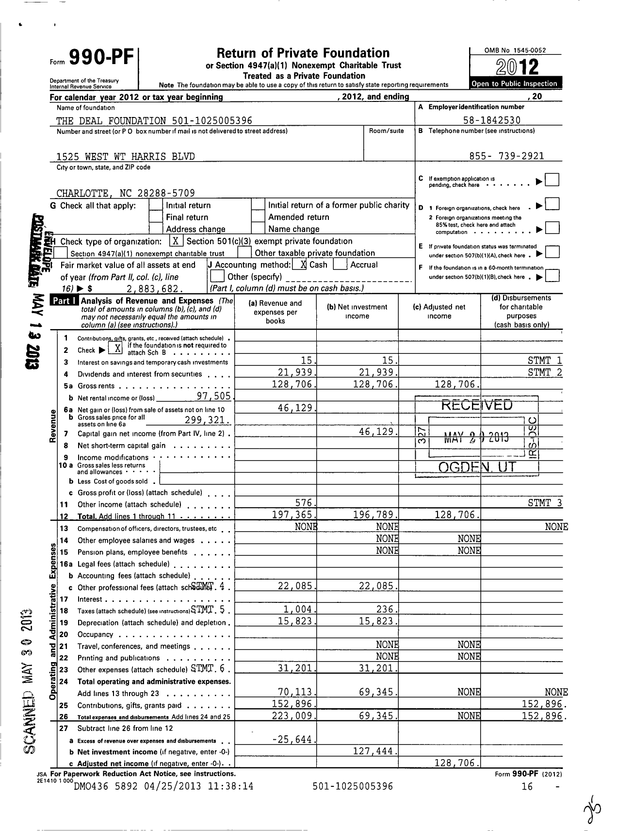 Image of first page of 2012 Form 990PF for Deal Foundation