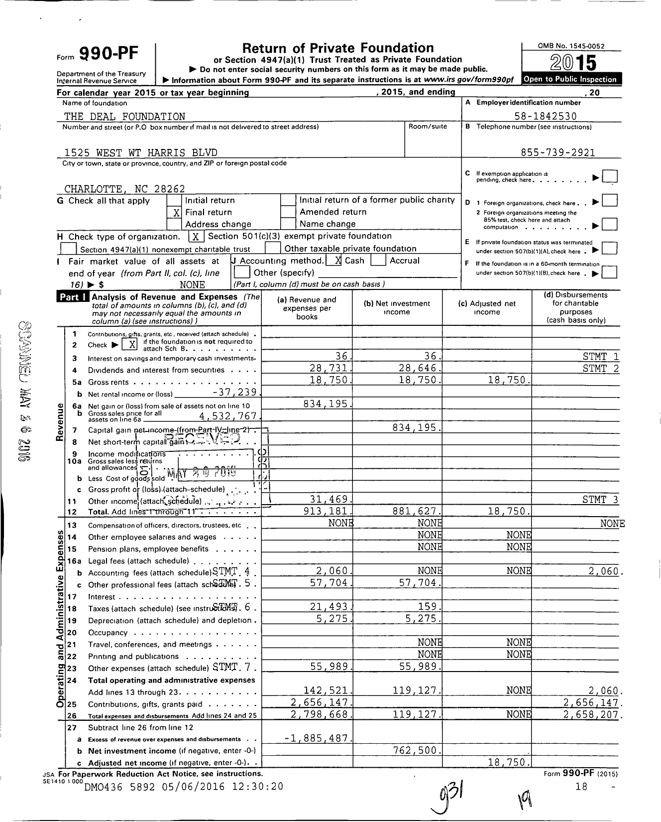 Image of first page of 2015 Form 990PF for Deal Foundation