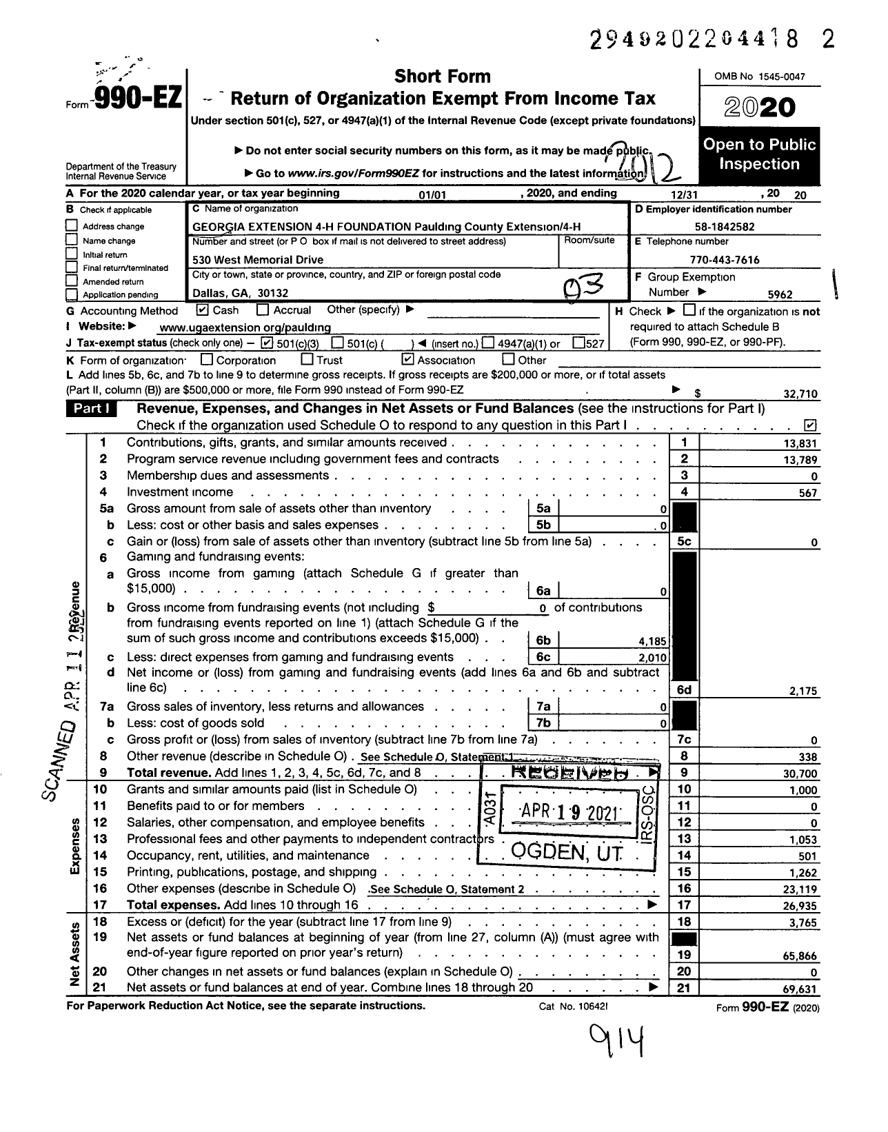 Image of first page of 2020 Form 990EZ for Georgia Extension 4-H FOUNDATION Paulding County Extension 4-H