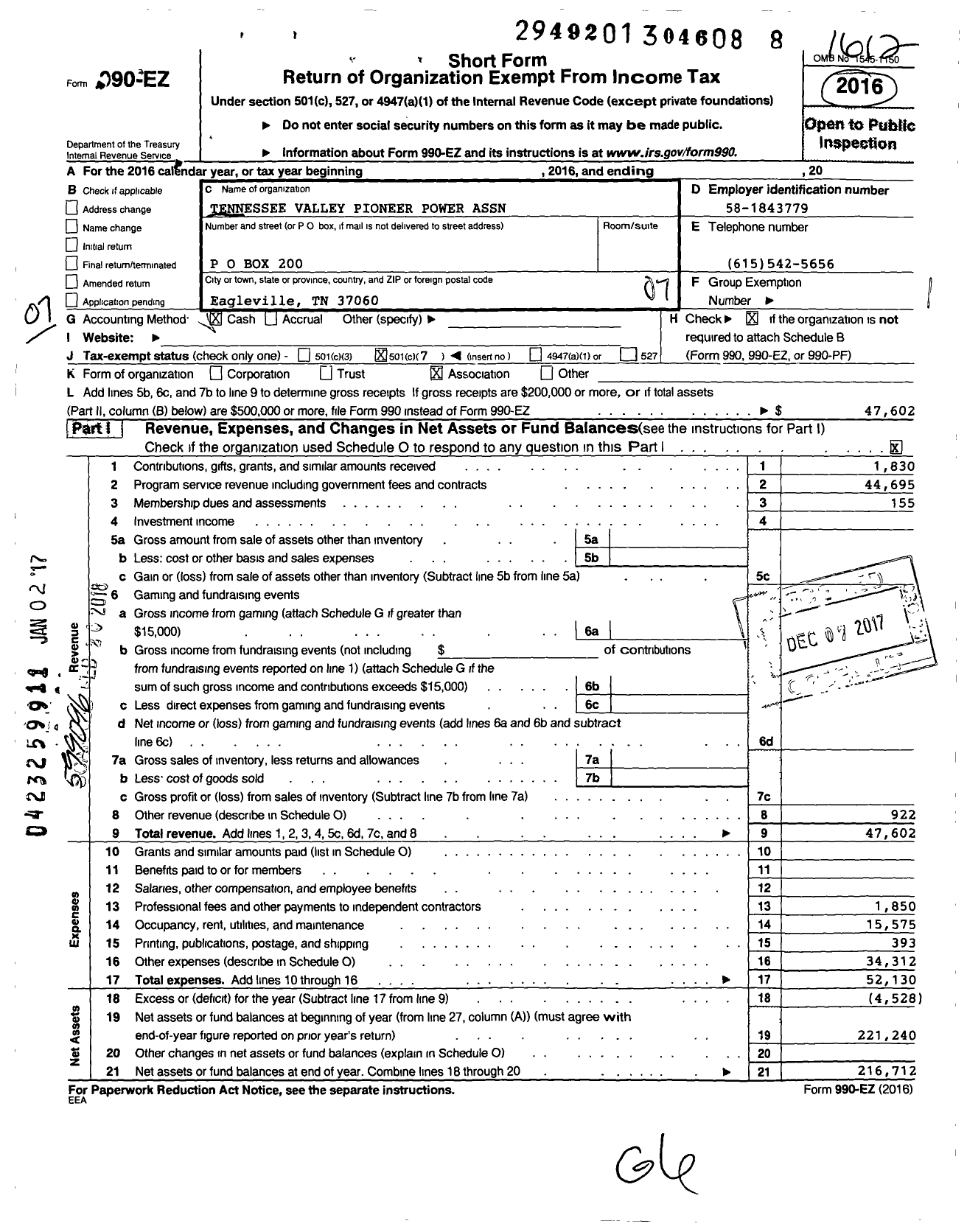 Image of first page of 2016 Form 990EO for Tennessee Valley Pioneer Power Association