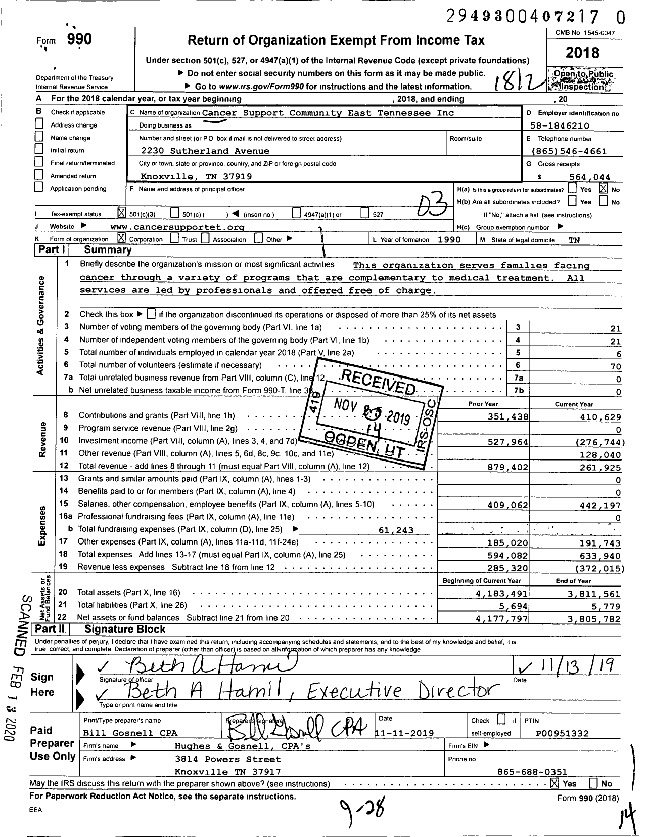 Image of first page of 2018 Form 990 for Cancer Support Community East Tennessee