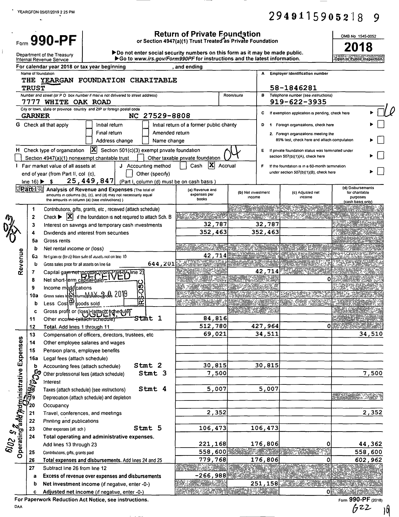 Image of first page of 2018 Form 990PF for The Yeargan Foundation Charitable Trust