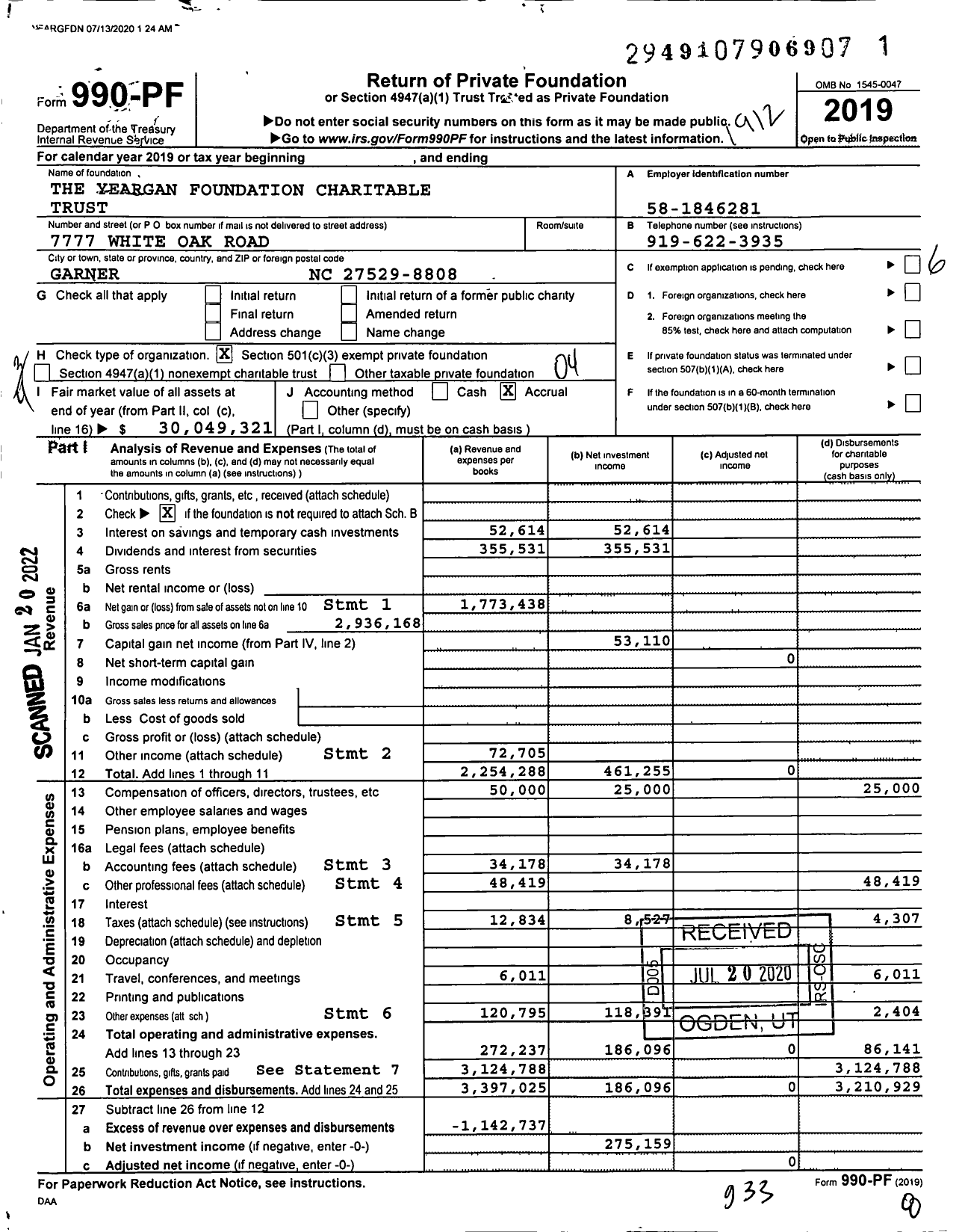 Image of first page of 2019 Form 990PF for The Yeargan Foundation Charitable Trust
