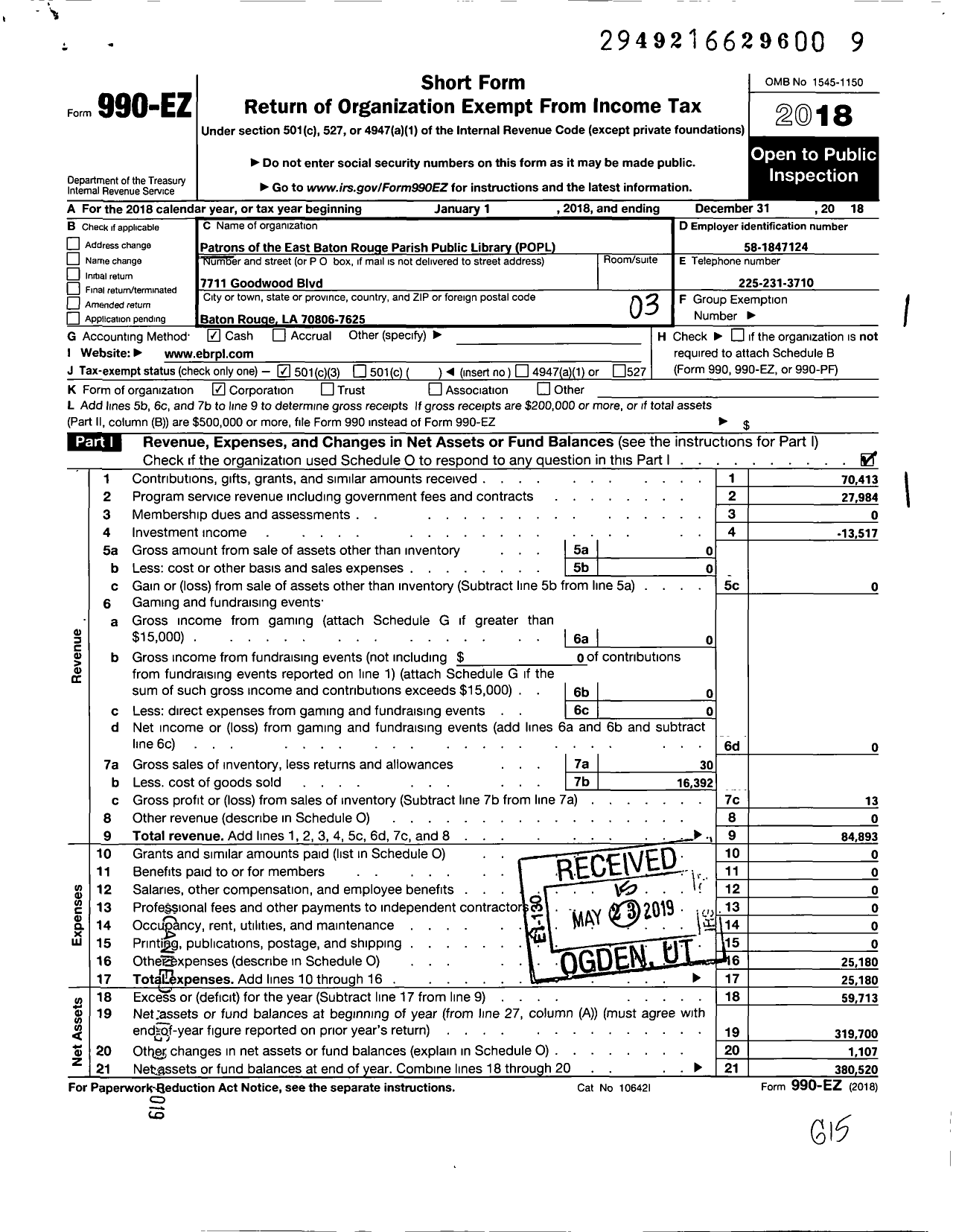 Image of first page of 2018 Form 990EZ for Patrons of the EBR Parish Public Library POPL