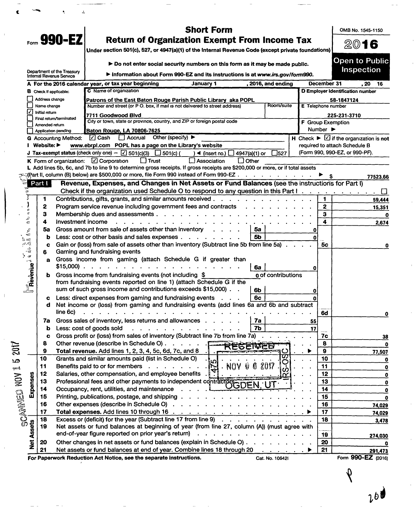 Image of first page of 2016 Form 990EZ for Patrons of the EBR Parish Public Library POPL