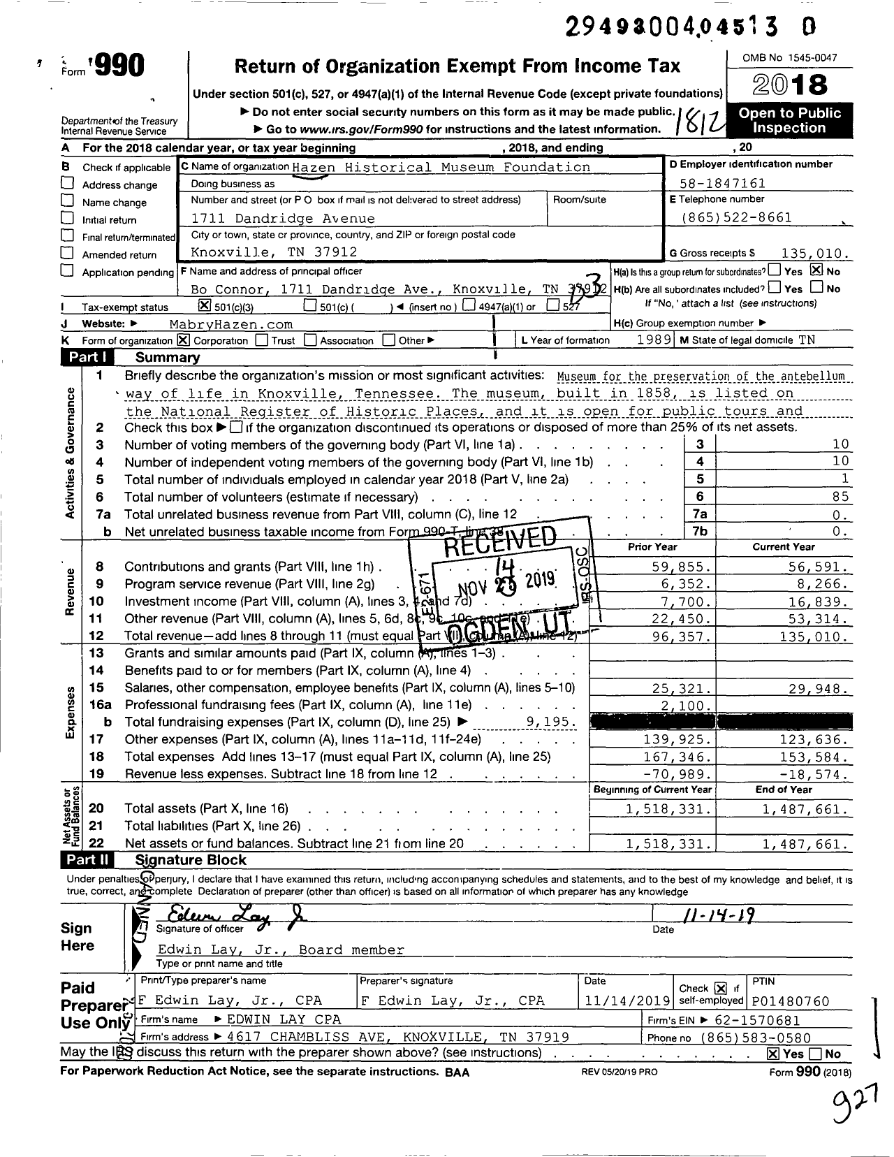 Image of first page of 2018 Form 990 for Hazen Historical Museum Foundation