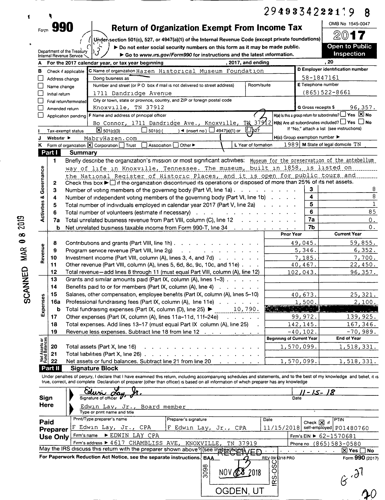 Image of first page of 2017 Form 990 for Hazen Historical Museum Foundation