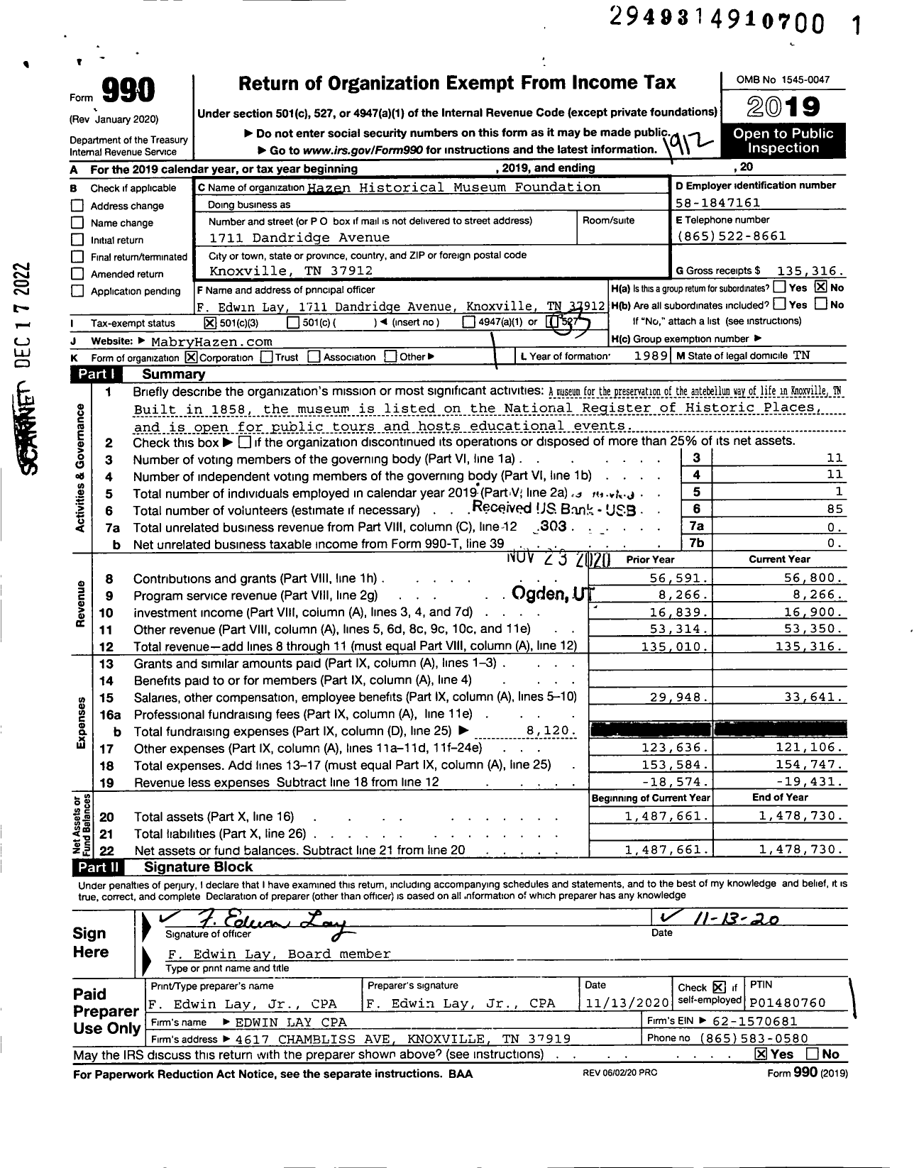 Image of first page of 2019 Form 990 for Hazen Historical Museum Foundation