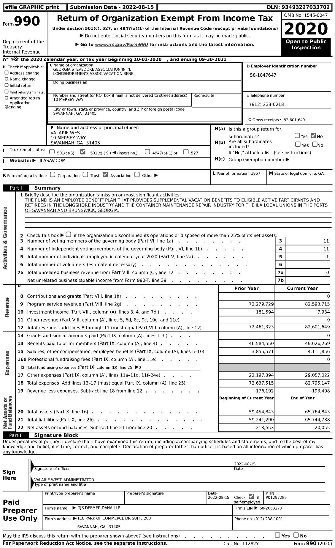 Image of first page of 2020 Form 990 for Georgia Stevedore Association International Longshoremen's Association Vacation Benefits