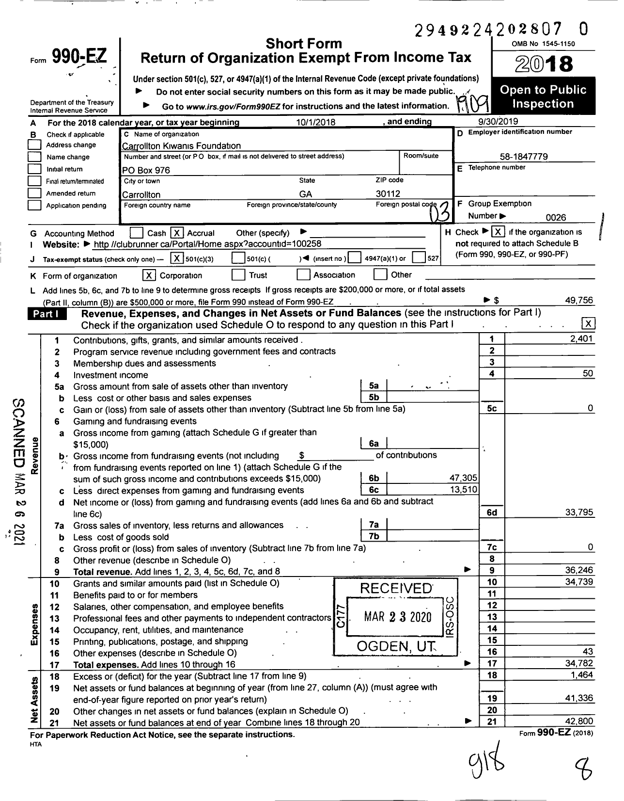 Image of first page of 2018 Form 990EZ for Carrollton Kiwanis Foundation