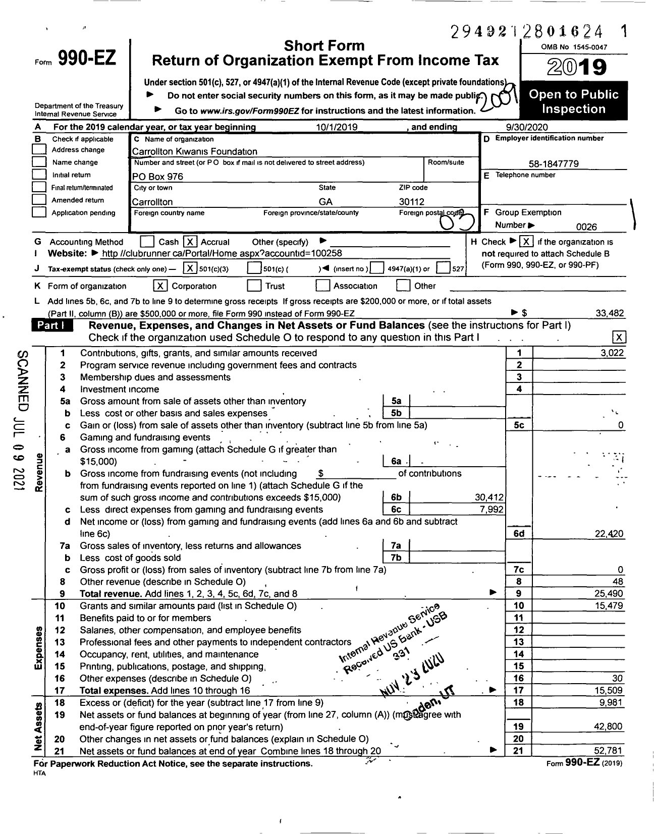 Image of first page of 2019 Form 990EZ for Carrollton Kiwanis Foundation