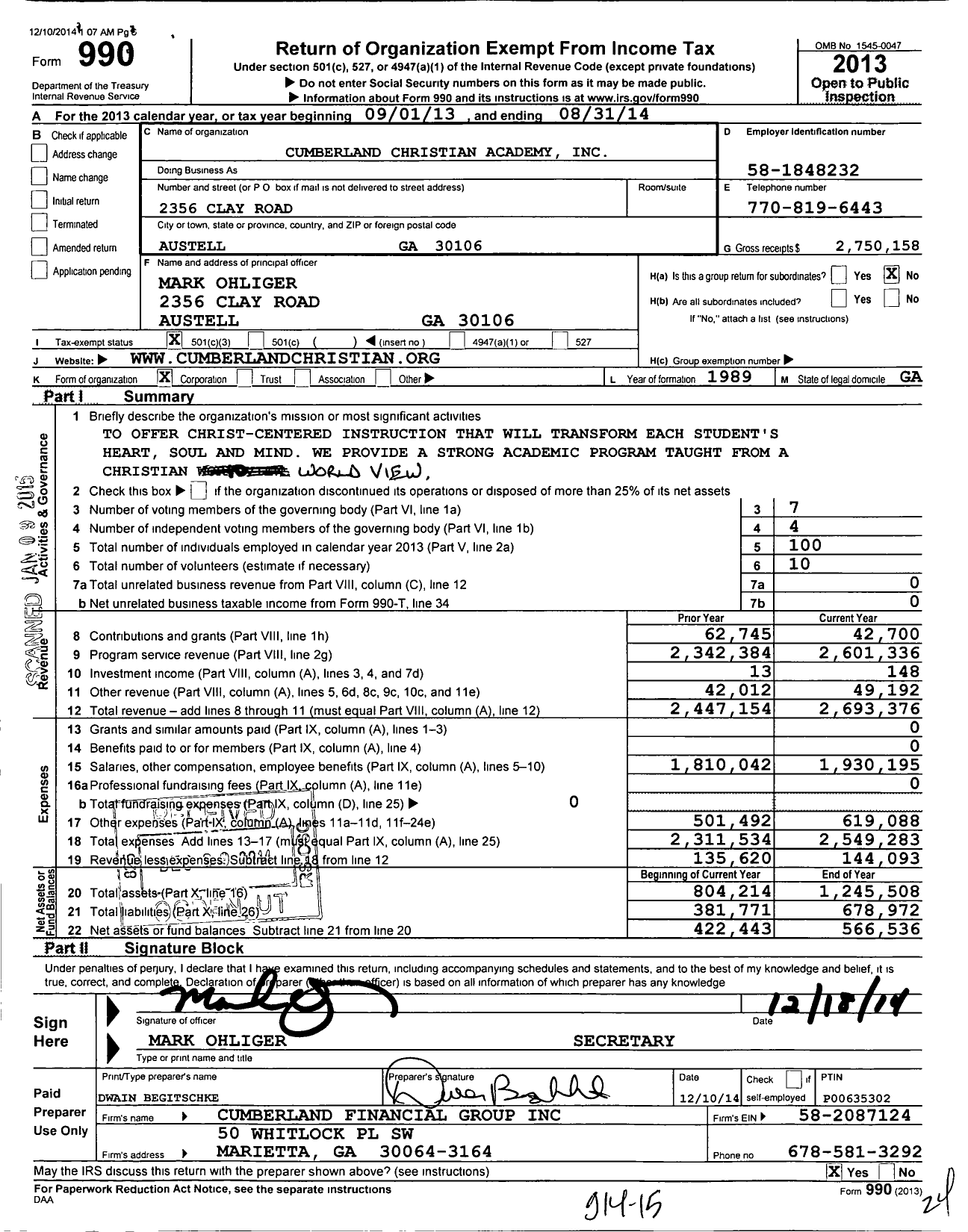 Image of first page of 2013 Form 990 for The Cumberland School