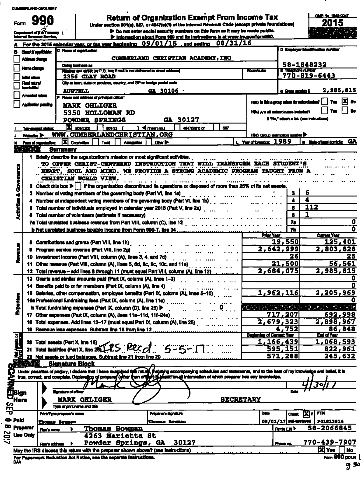 Image of first page of 2015 Form 990 for The Cumberland School