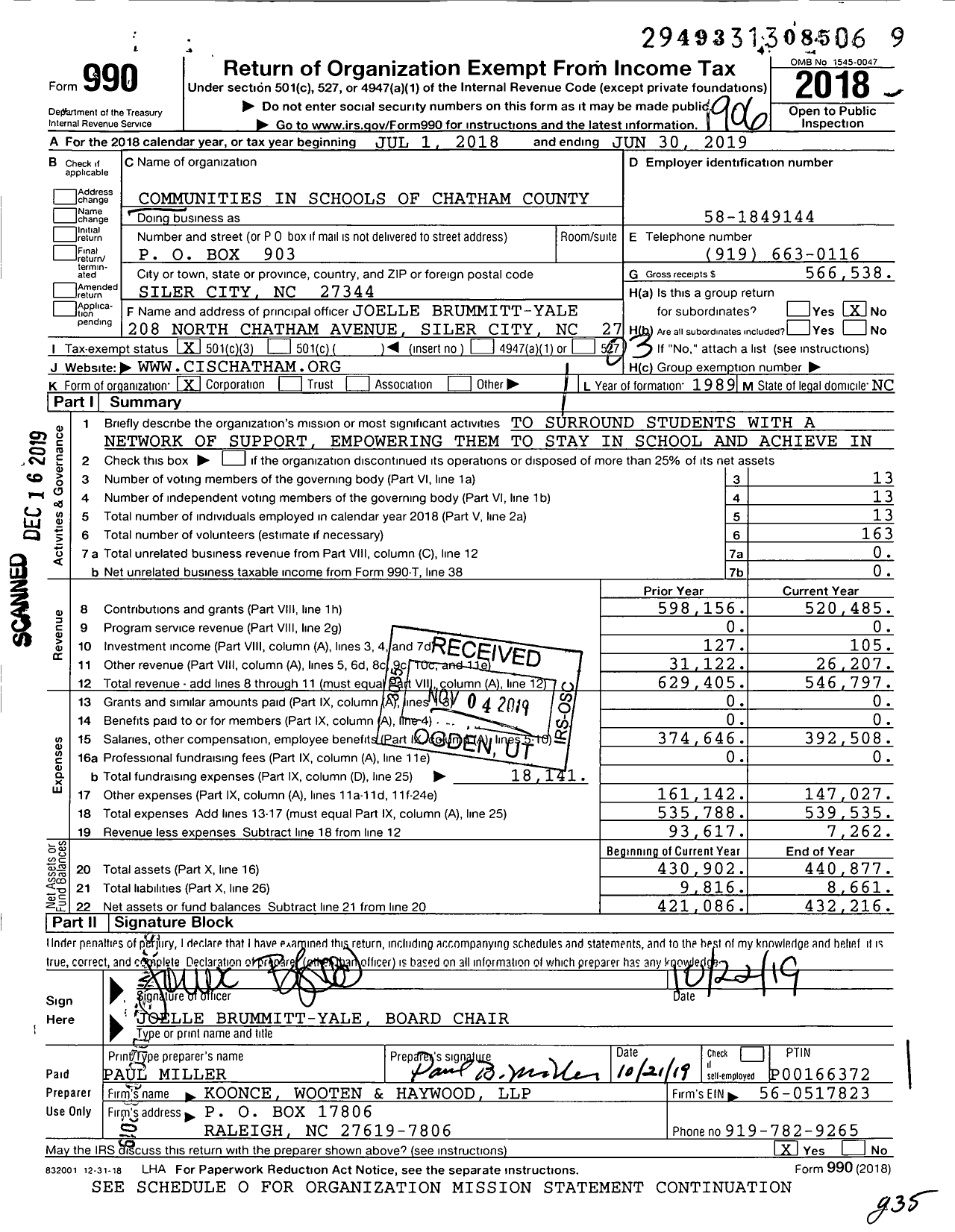 Image of first page of 2018 Form 990 for Communities in Schools of Chatham County