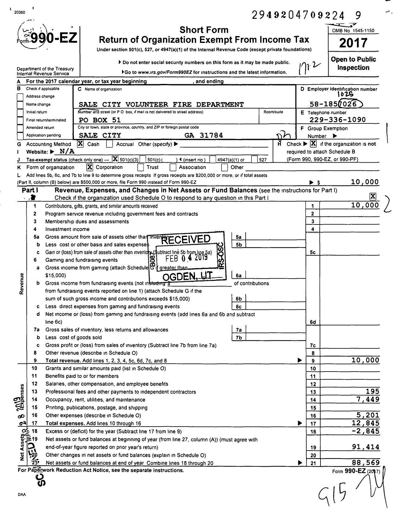 Image of first page of 2017 Form 990EZ for Sale City Volunteer Fire Department