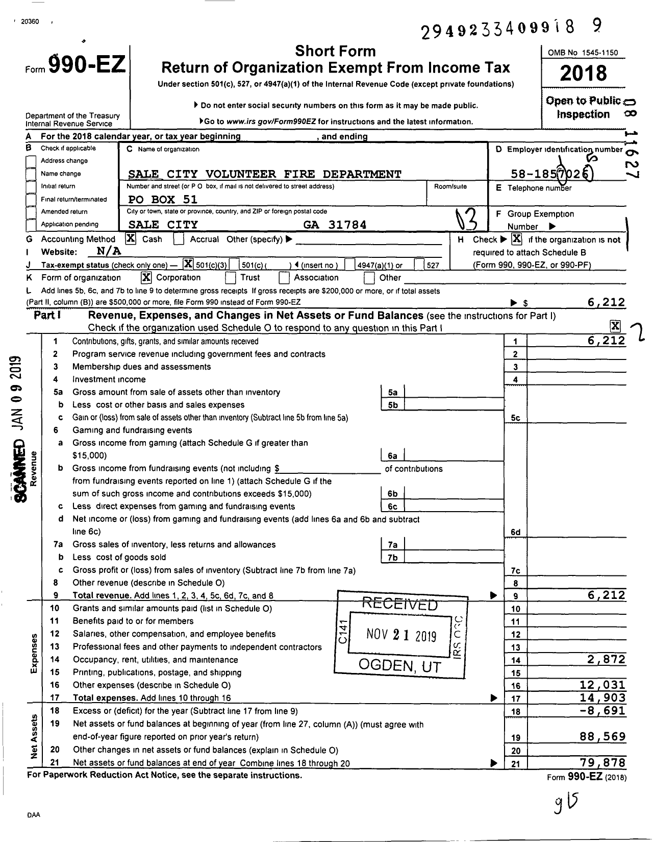 Image of first page of 2018 Form 990EZ for Sale City Volunteer Fire Department