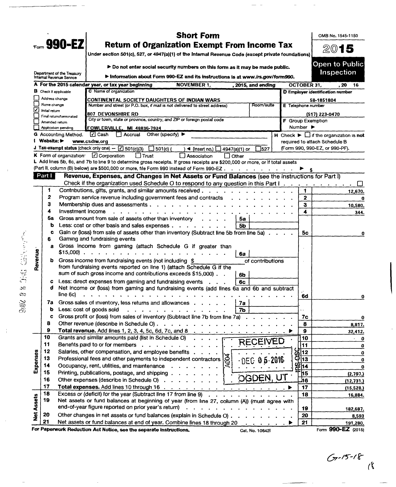 Image of first page of 2015 Form 990EZ for Continental Society Daughters of Indian Wars