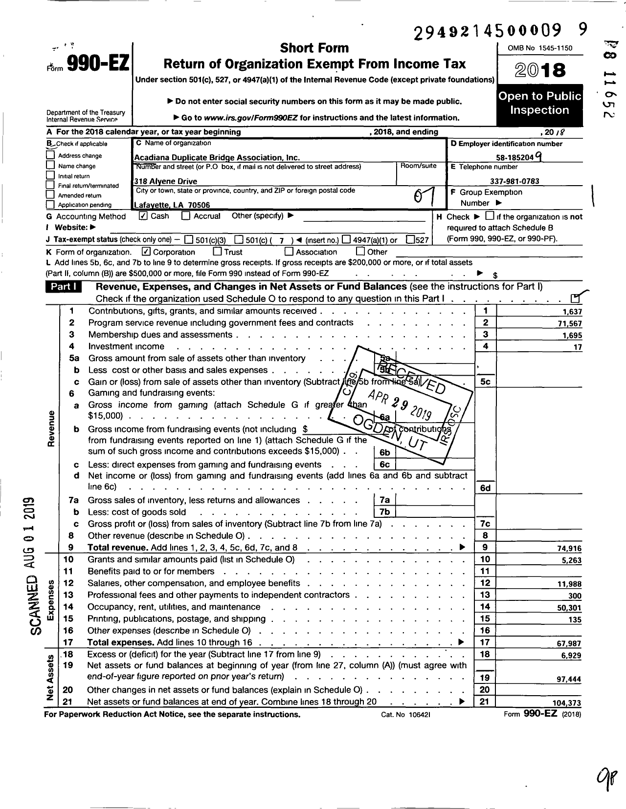 Image of first page of 2018 Form 990EO for Acadiana Duplicate Bridge Club