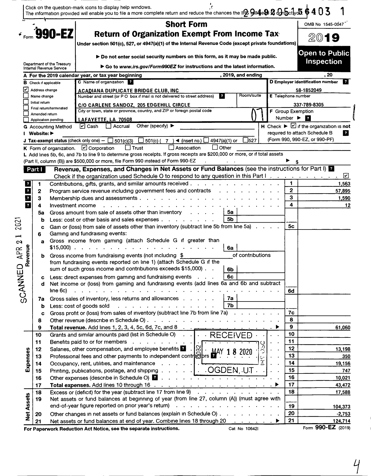 Image of first page of 2019 Form 990EO for Acadiana Duplicate Bridge Club