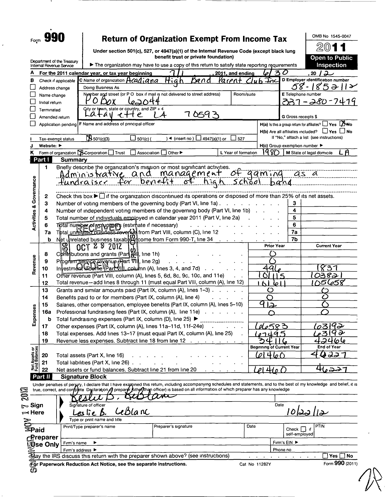 Image of first page of 2011 Form 990 for Acadiana High Band Parents Club