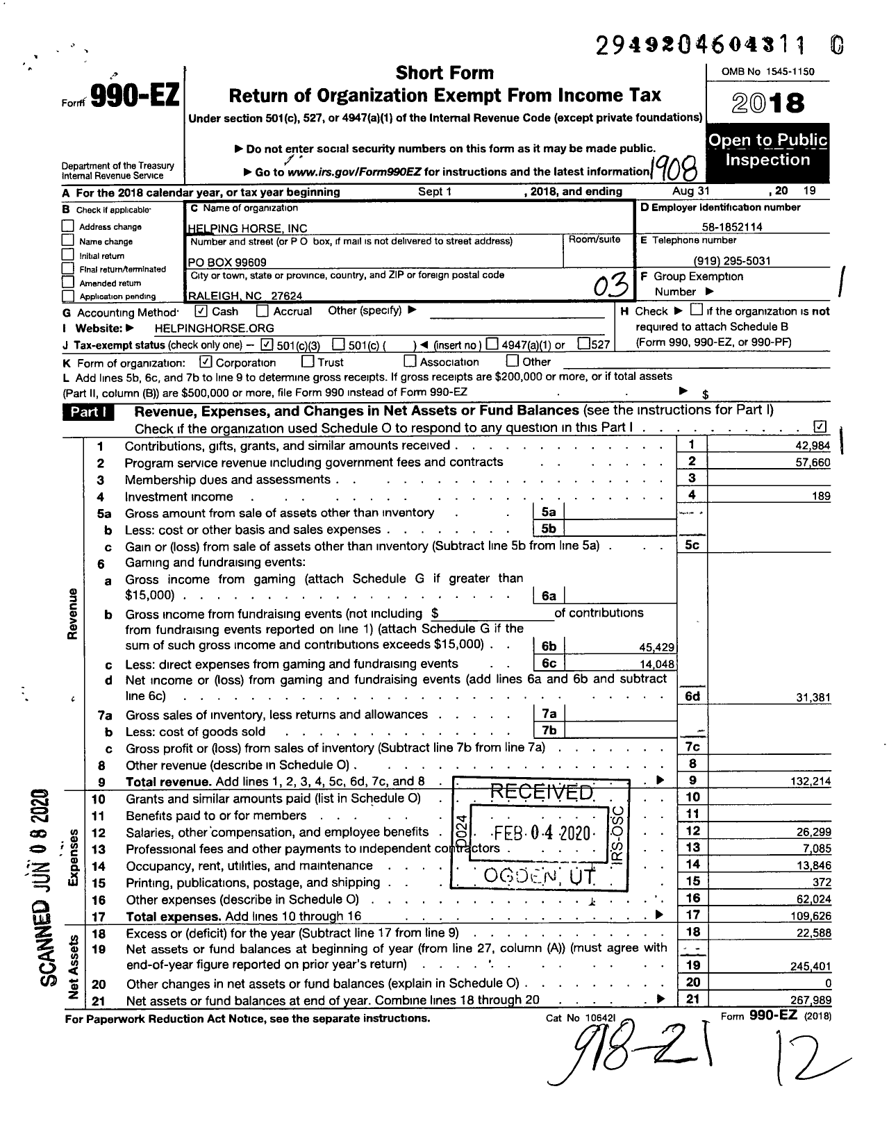 Image of first page of 2018 Form 990EZ for Helping Horse