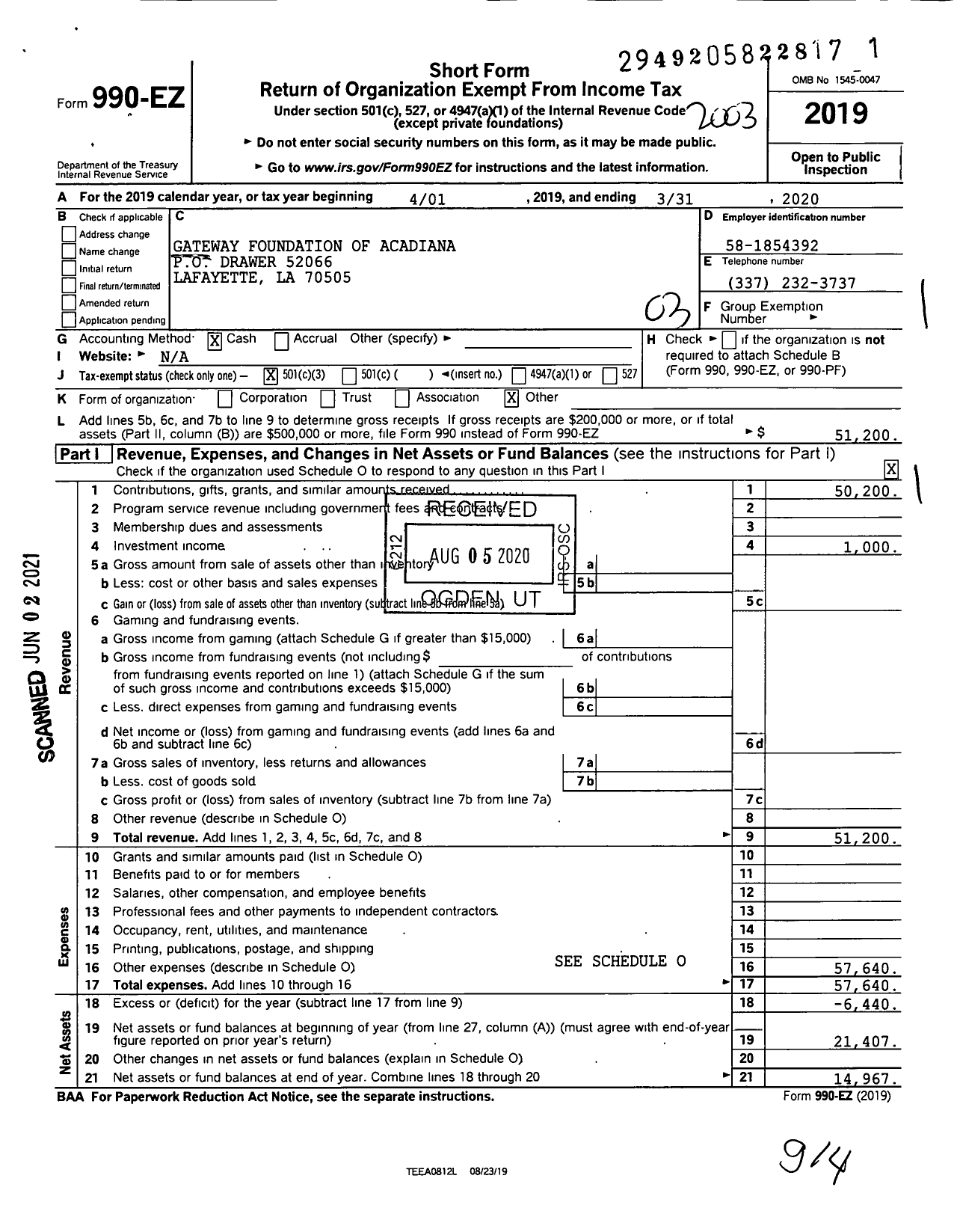 Image of first page of 2019 Form 990EZ for Gateway Foundation of Acadiana