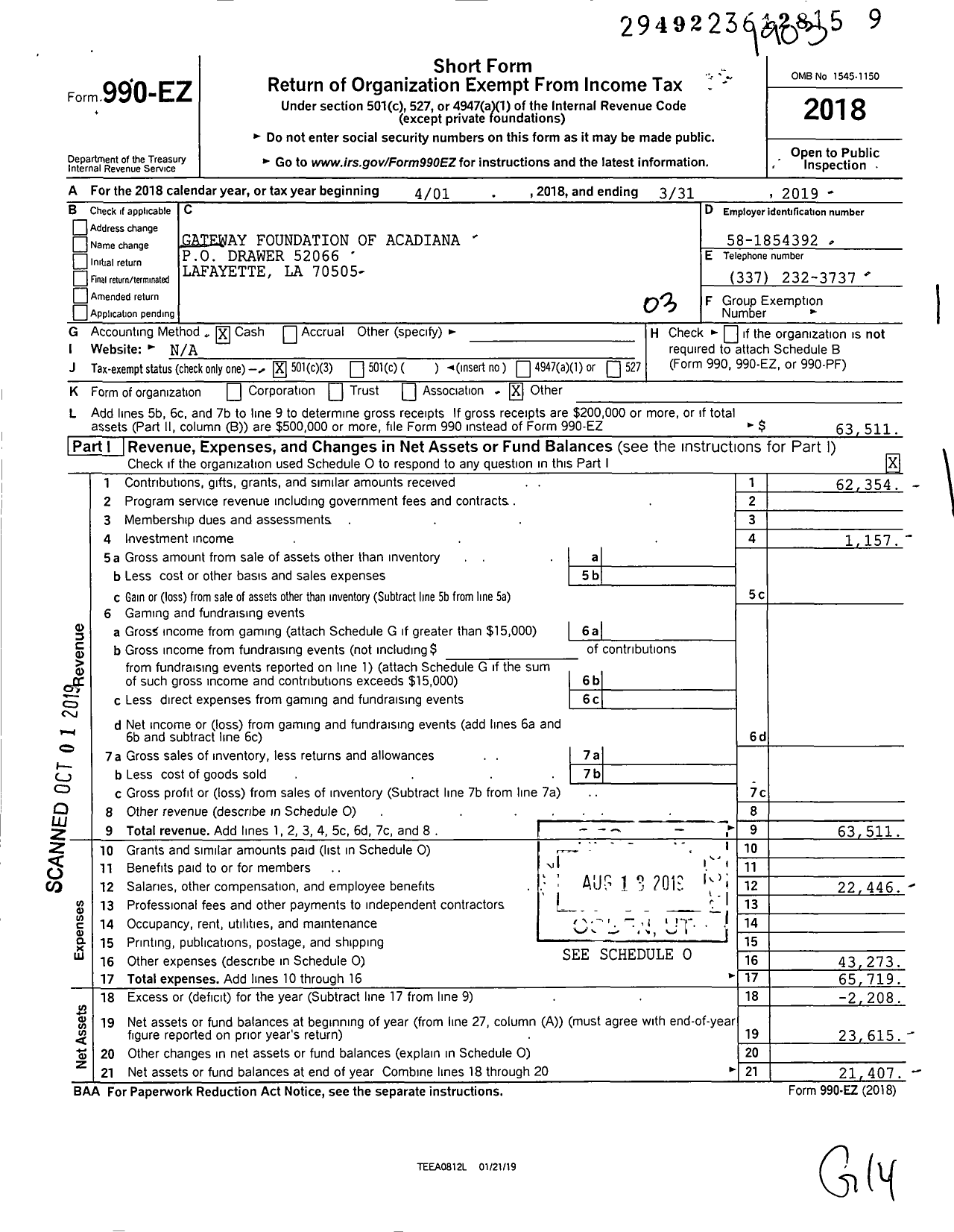 Image of first page of 2018 Form 990EZ for Gateway Foundation of Acadiana