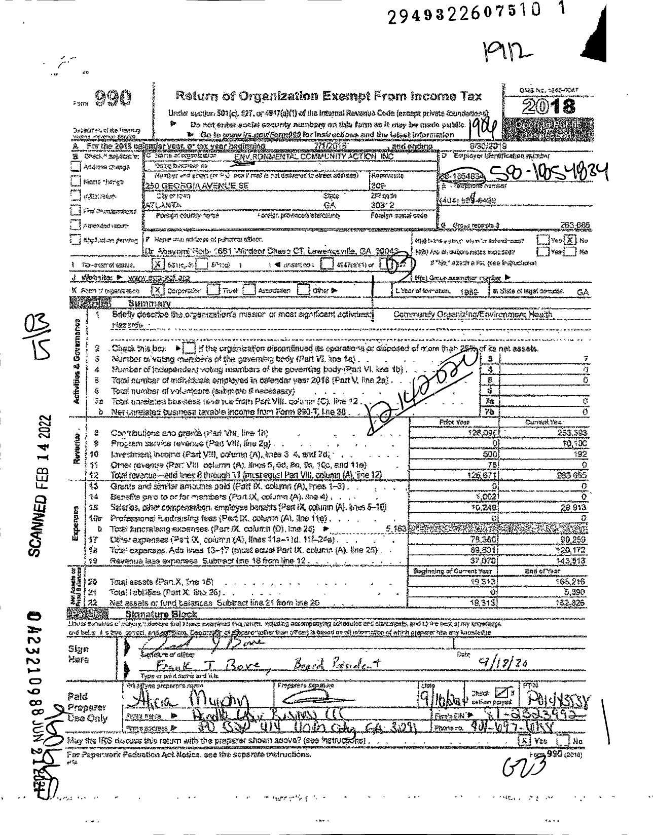 Image of first page of 2018 Form 990 for Environmental Community Action