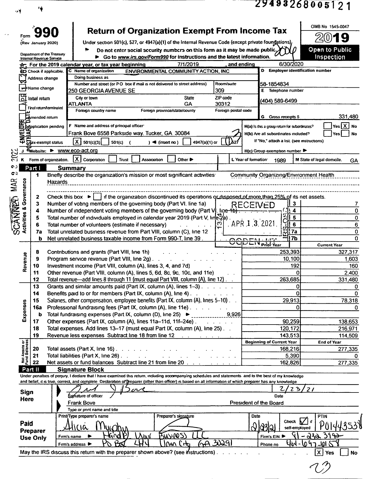 Image of first page of 2019 Form 990 for Environmental Community Action