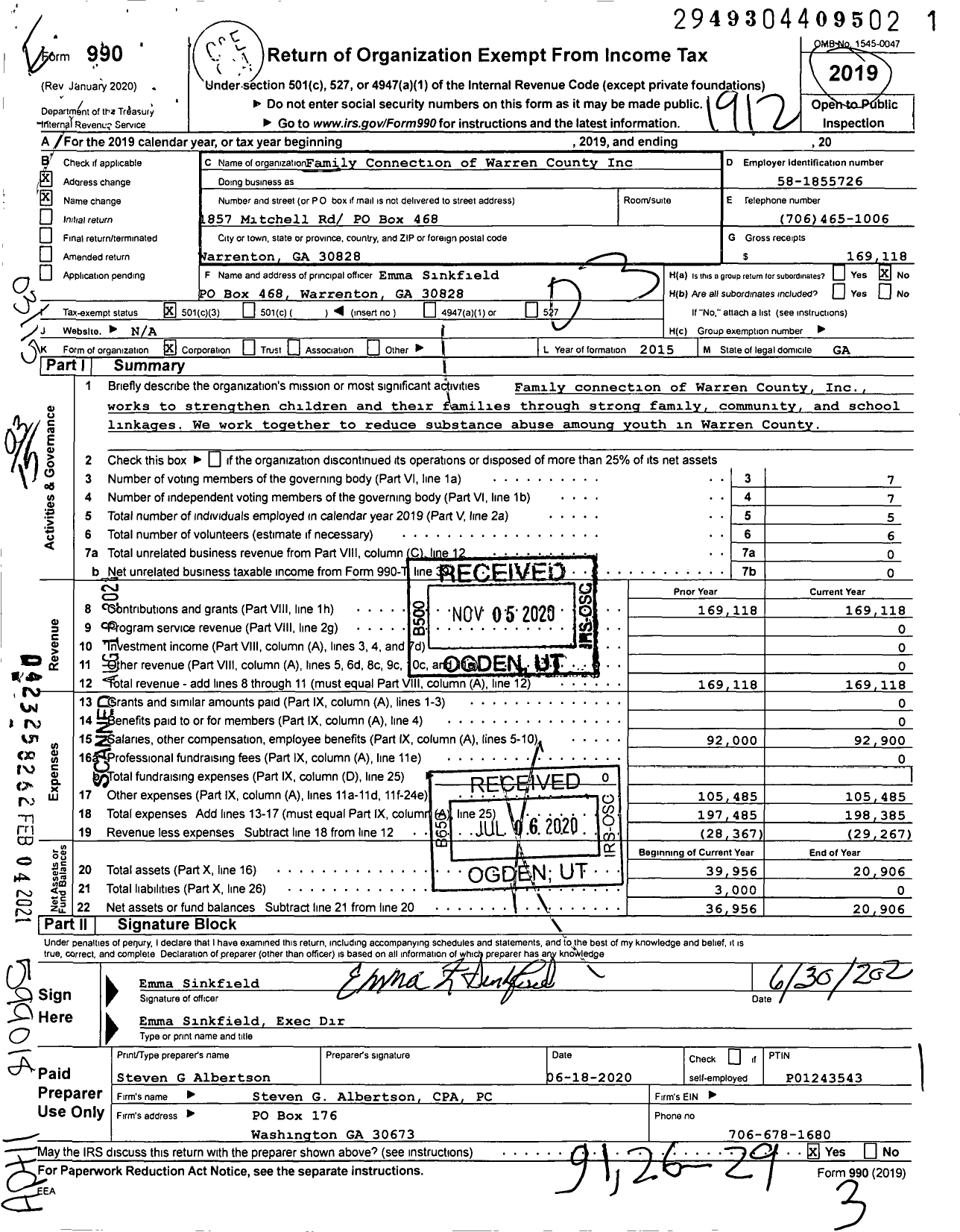 Image of first page of 2019 Form 990 for Family Connection of Warren County