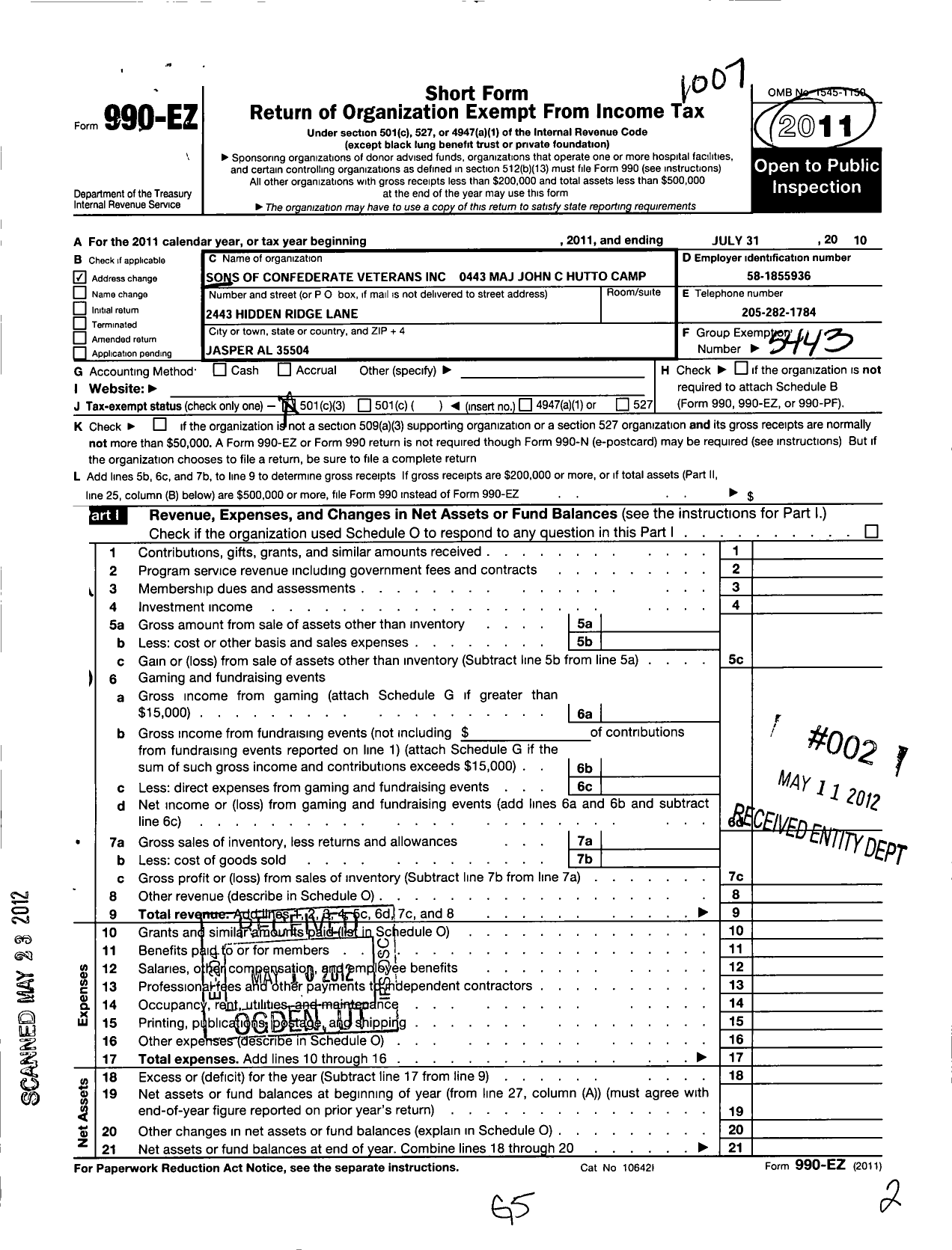 Image of first page of 2009 Form 990EZ for Sons of Confederate Veterans - 0443 Maj John C Hutto Camp