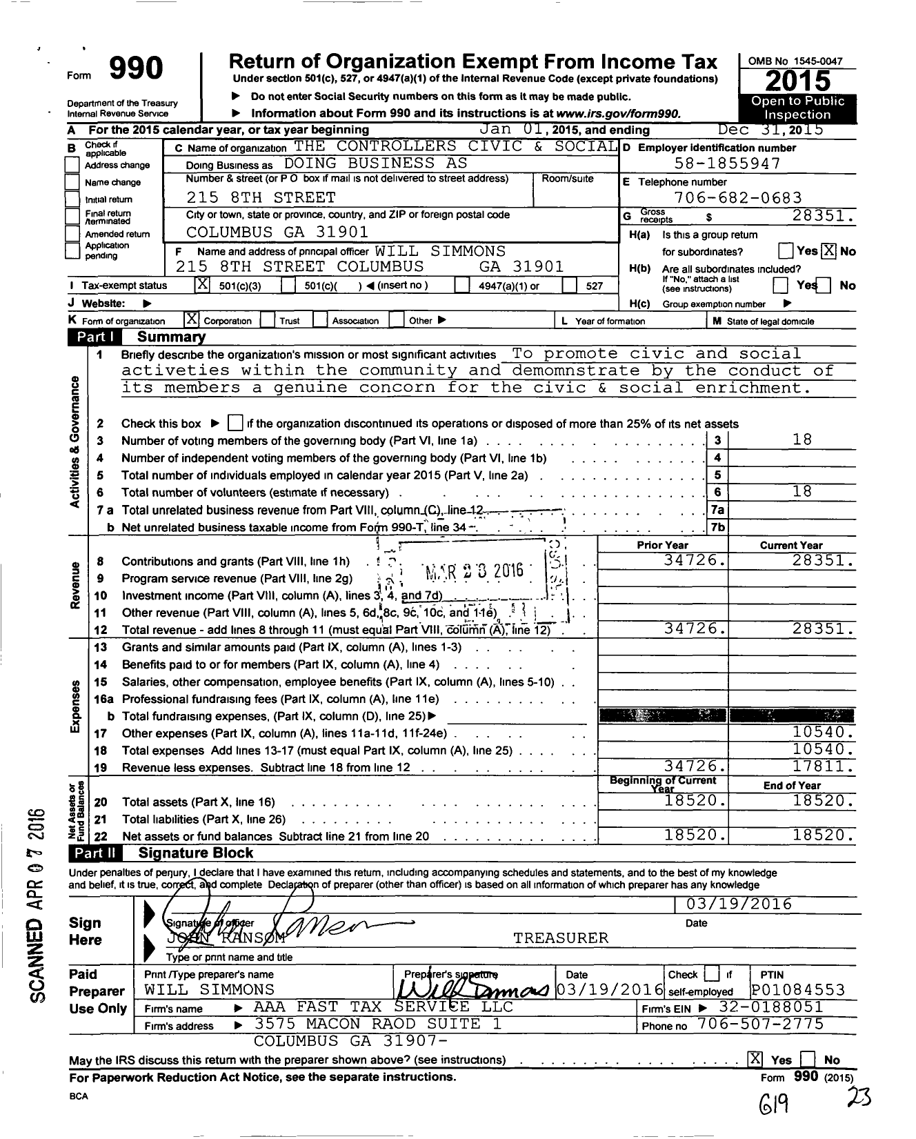 Image of first page of 2015 Form 990 for The Controllers Civic and Social Doing Business As