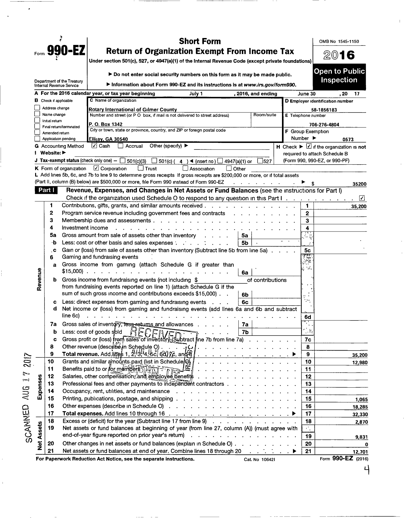 Image of first page of 2016 Form 990EO for Rotary International - Gilmer County