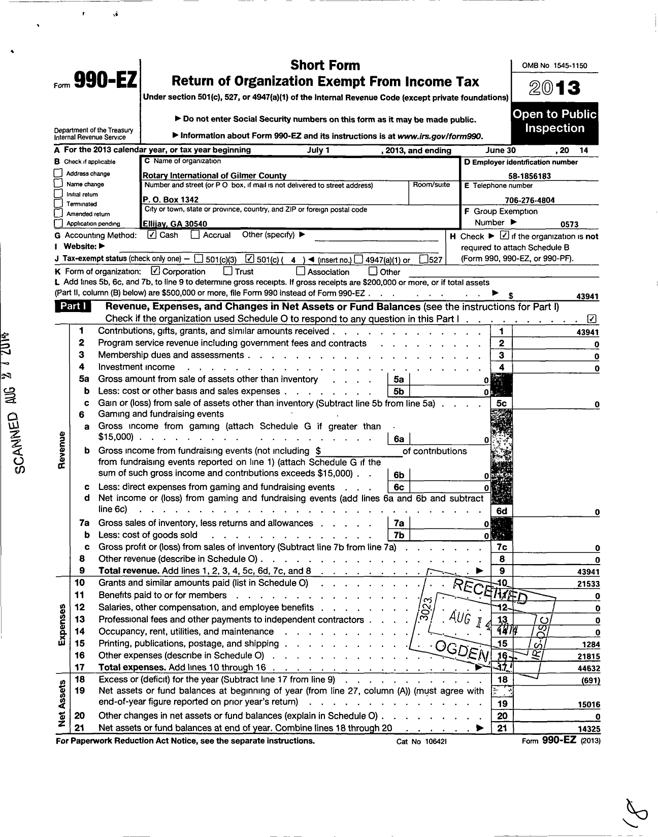 Image of first page of 2013 Form 990EO for Rotary International - Gilmer County