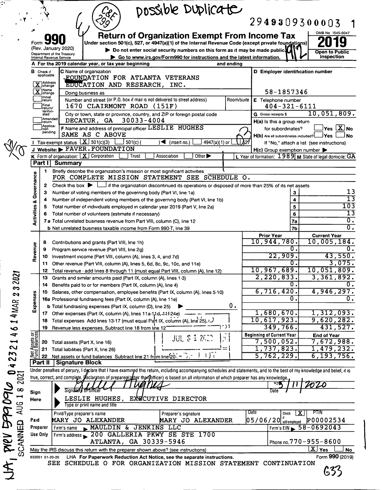 Image of first page of 2019 Form 990 for Foundation for Atlanta Veterans Education and Research (AREF)
