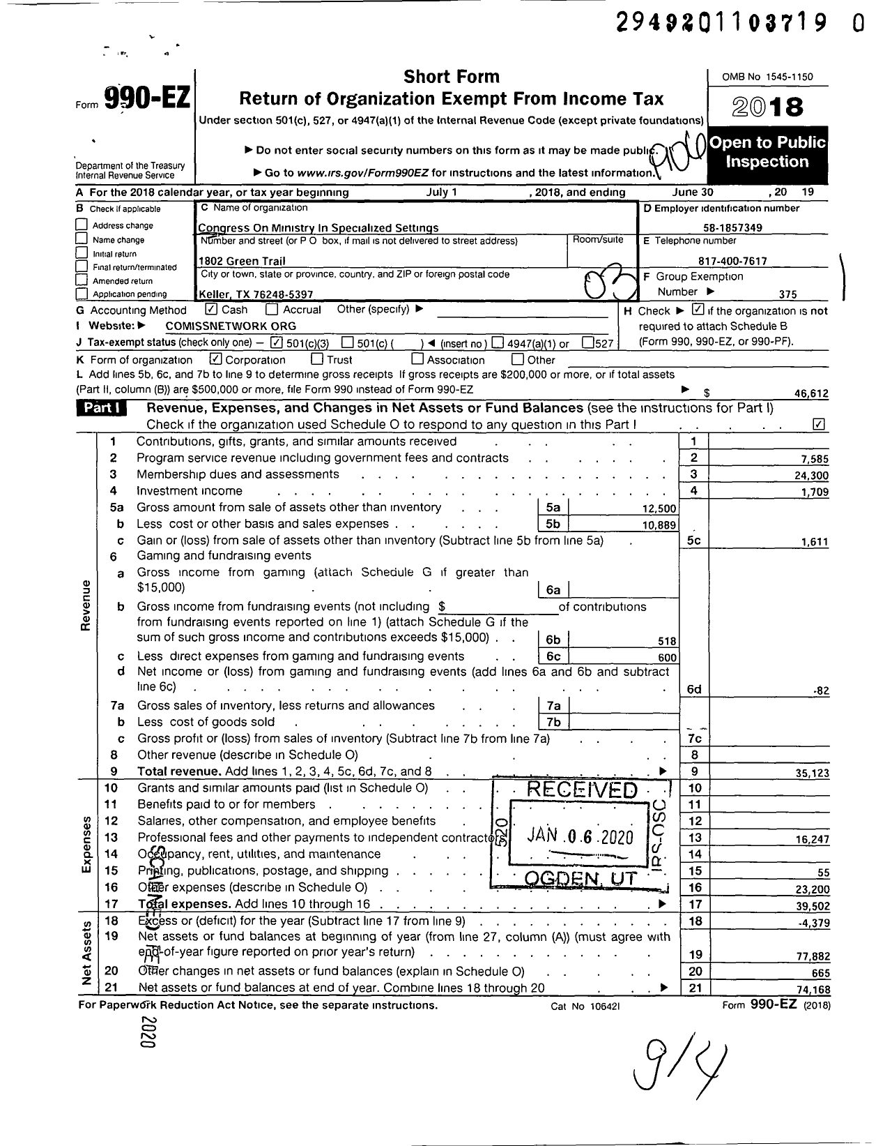 Image of first page of 2018 Form 990EZ for Congress on Ministry in Specialized Settings