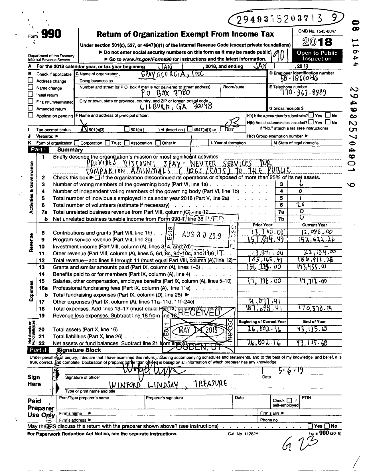 Image of first page of 2018 Form 990 for Spay Georgia