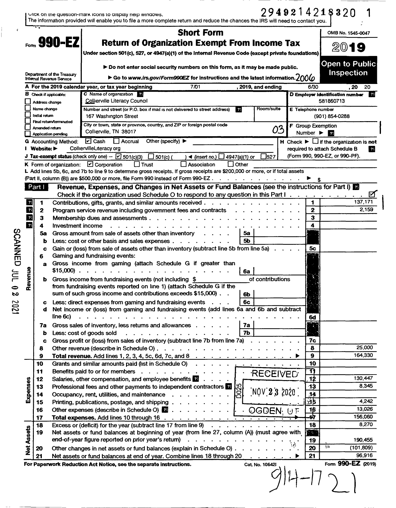 Image of first page of 2019 Form 990EZ for Shelby Literacy Center