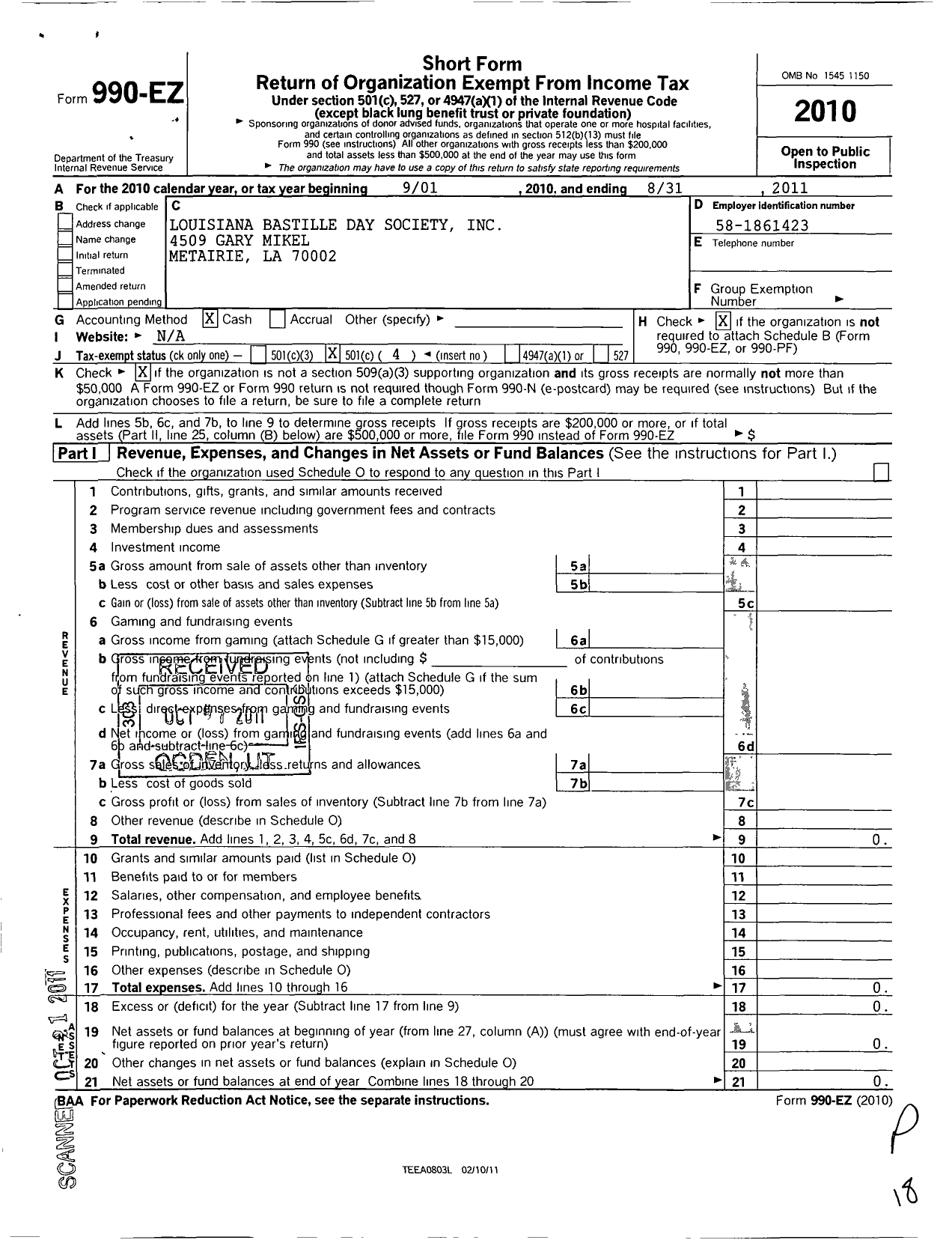 Image of first page of 2010 Form 990EO for Louisiana Bastille Day Society