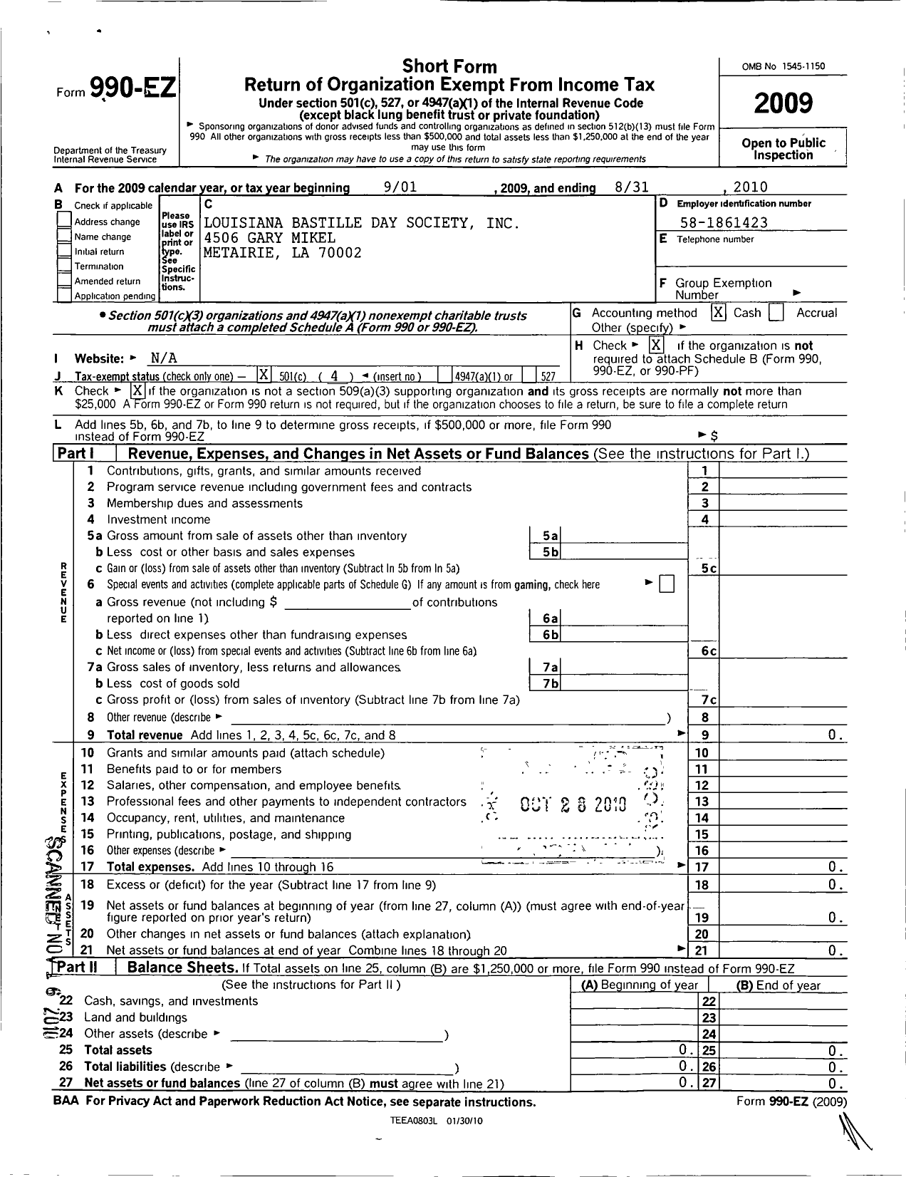 Image of first page of 2009 Form 990EO for Louisiana Bastille Day Society