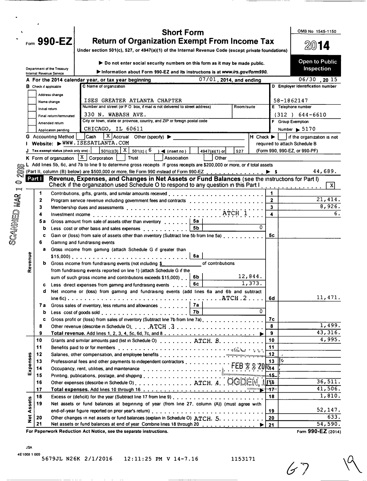 Image of first page of 2014 Form 990EO for International Live Events Association / Greater Atlanta Chapter Inc