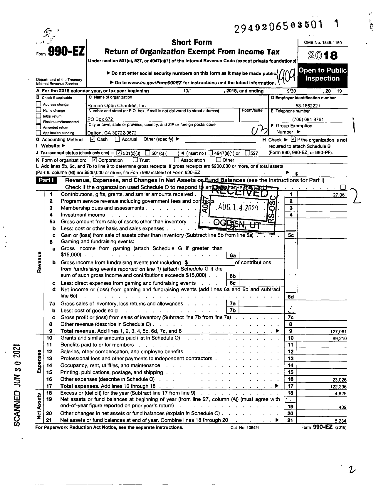 Image of first page of 2018 Form 990EZ for Roman Open Charities