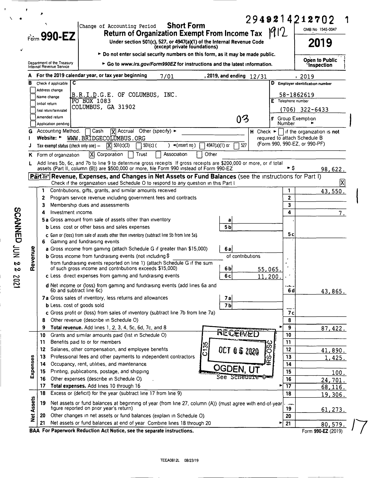 Image of first page of 2019 Form 990EZ for Bridge of Columbus