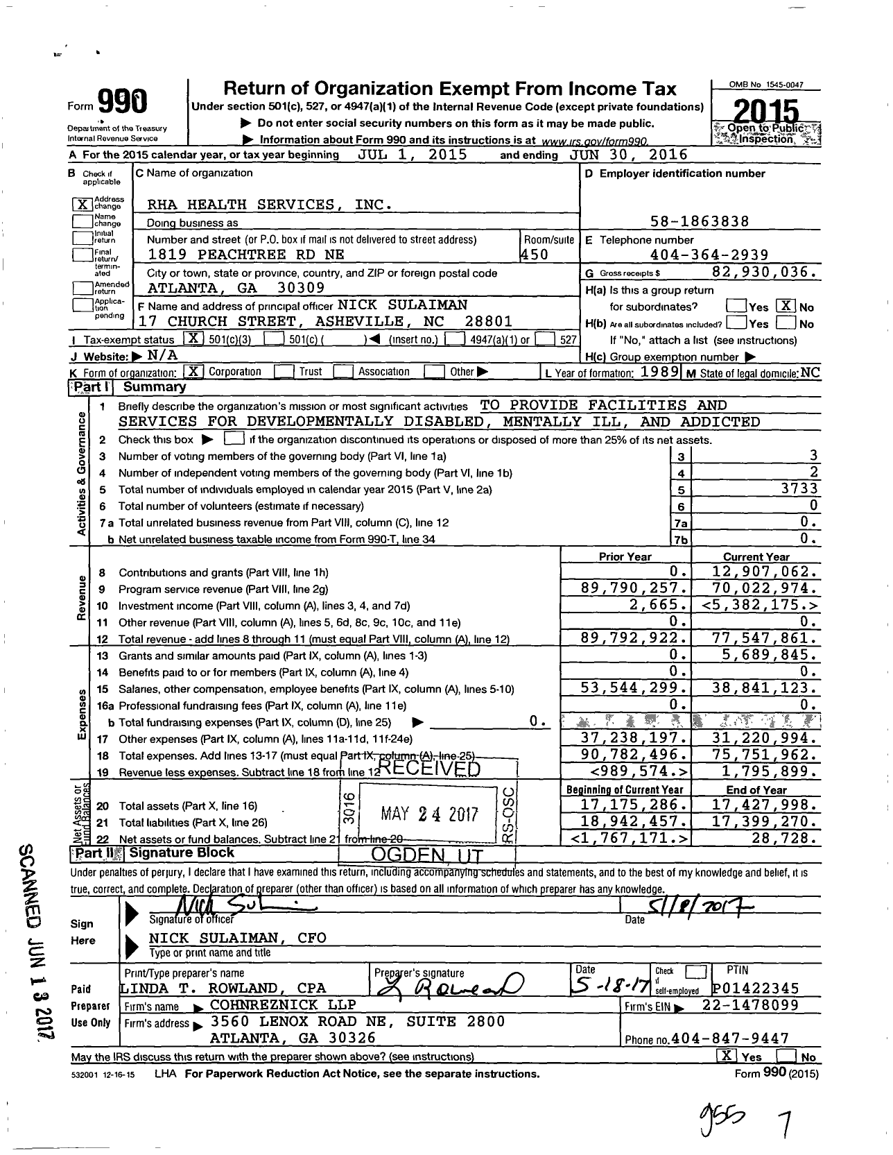 Image of first page of 2015 Form 990 for Rha Health Services